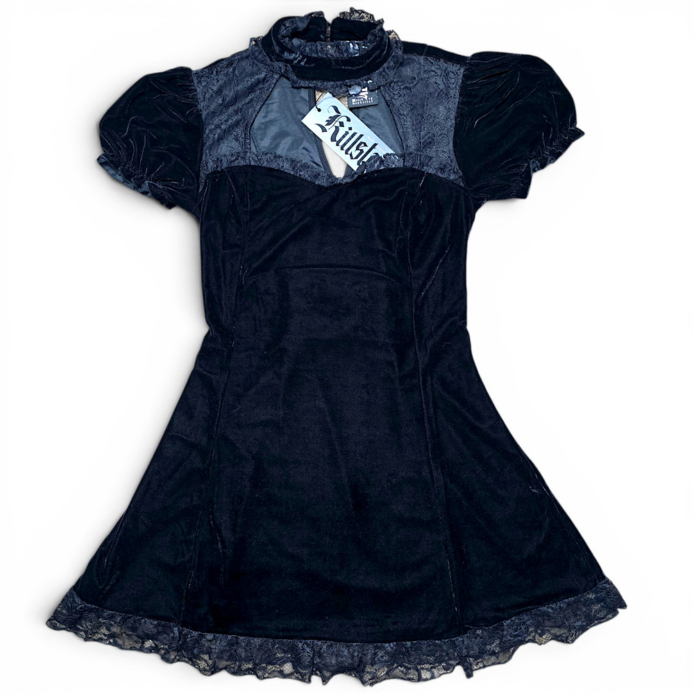 Killstar Julienne Black Velvet Keyhole Lace Trim Corset Back Dress M NWT